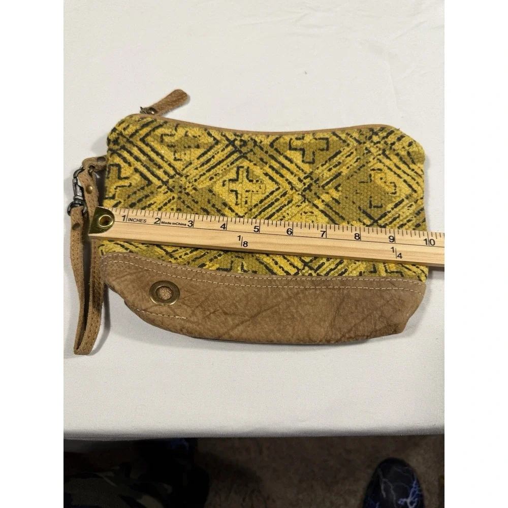 Myra Bag Leather Canvas‎ Wristlet Clutch Yellow Black Boho Geometric Pouch
